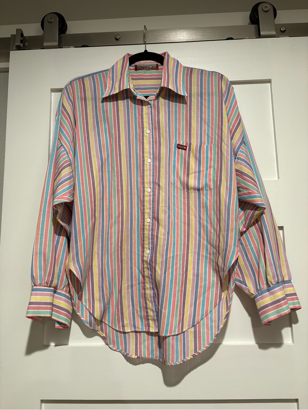 Vintage Women's Pastel Multi-Stripe Button-Up Blouse